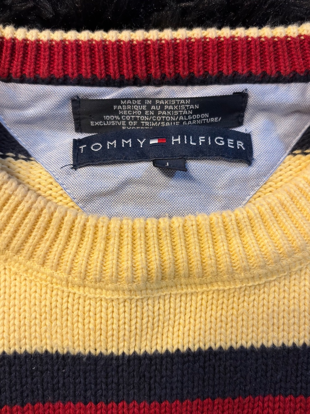 Tommy Hilfiger Yellow Crewneck KNIT BOXY Sweater with Navy & Red Stripes - Picture 2 of 7